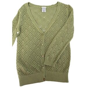 Old Navy Open Knit Cardigan Women's Sz M Ramie Cotton Button Up Sweater Green